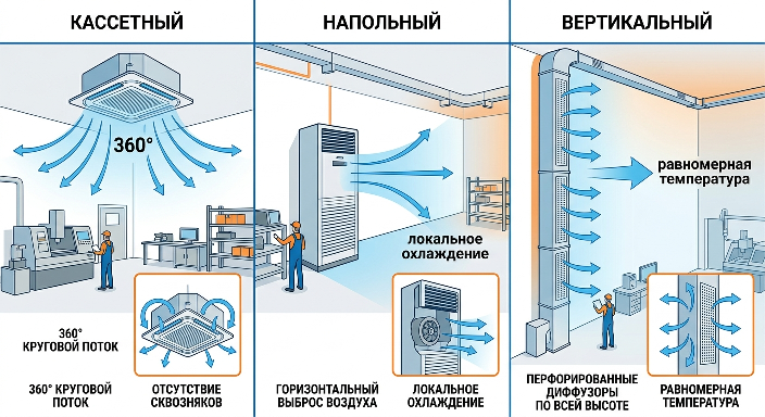 Сравнение типов воздухораспределения в промышленных кондиционерах