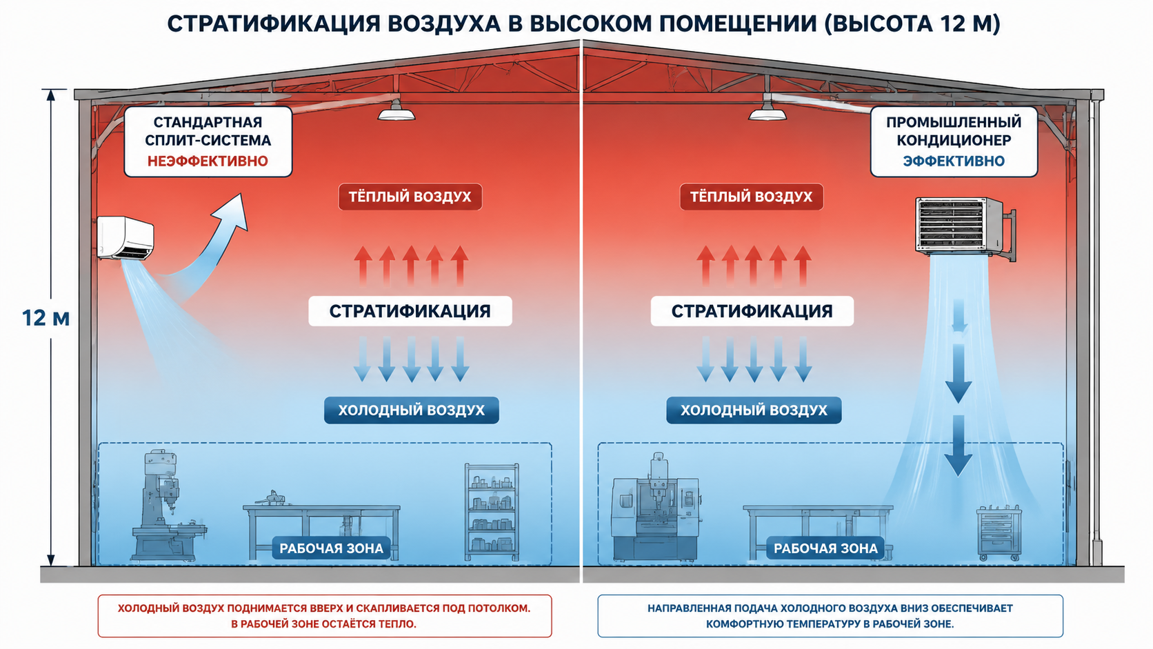 Схема стратификации температуры в высоком цехе: тёплый воздух под потолком, холодный в рабочей зоне