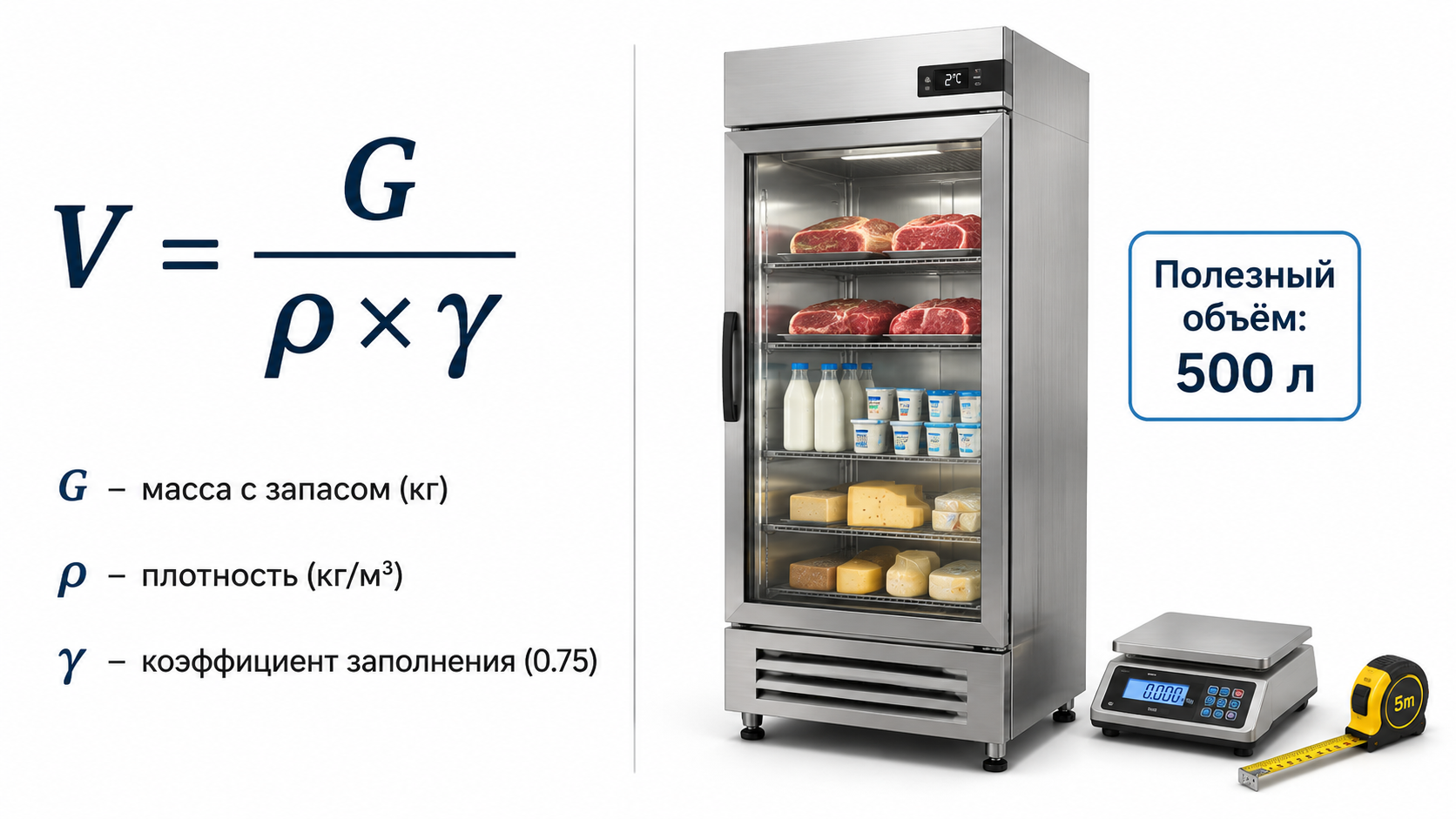 Формула расчёта объёма холодильного шкафа V=G/(ρ×γ)